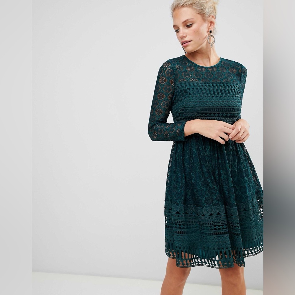 ASOS Forest Green Premium Lace Mini Skater Long Sleeve Dress